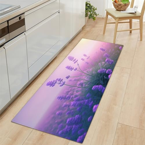 Küchenläufer Lila Küchenmatte 60x150 cm, Lavendel Pflanzen rutschfest Waschbar Küchenteppich Teppich Läufer Küche, Anti-Müdigkeit Teppichläufer, Staubdicht Fußmatte