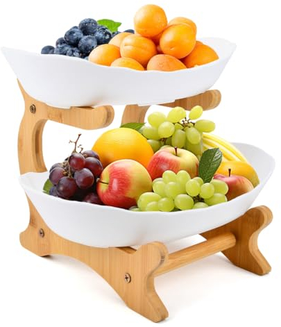 DODUOS Cestino di frutta a 2 piani, cesto per frutta e verdura con supporto in bambù resistente per la decorazione della cucina