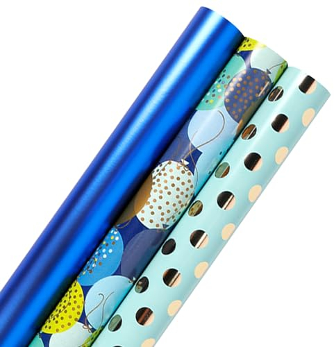AIM & GGKK 3 Rolle Geschenkpapier Geburtstag Blau 43 x 300cm für Geburtstag Jungs,Teenager Jungs,Weihnachten, Kindertag, Vatertag