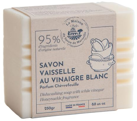La Maison du Savon de Marseille Spülblockseife, französische Spülblockseife, umweltfreundlich, nachhaltig und plastikfrei, weißer Essig entfettend und entkalkend, Geißblattduft, 250 g Riegel