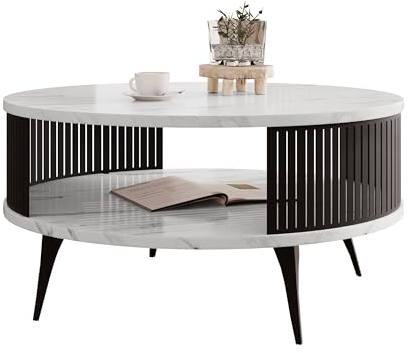 Mirjan24 Couchtisch Rajkon, runde Form (Bianco Marmor, Schwarz) | Moderner Wohnzimmertisch mit praktischer Ablage, stabilem Stahlgestell und pflegeleichter Oberfläche