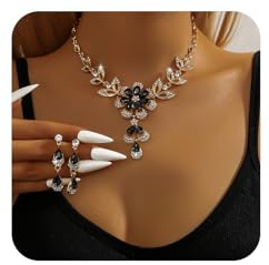 TTPSRY Kristall Schmuckset für Damen Floral Teardrop Halskette und Ohrringe Boho Statement Hypoallergener Modeschmuck für Alltag und festliche Anlässe (Schwarz)