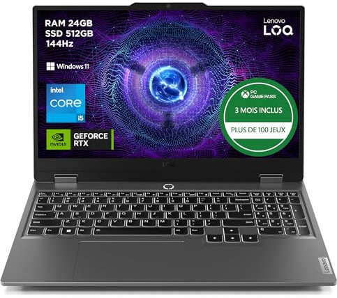 Lenovo LOQ 15IAX9 - Ordinateur Portable Gaming 15.6'' FHD 144Hz (Intel Core i5-12450HX, RAM 2x12Go, SSD 512Go, NVIDIA RTX 4060 8Go, Windows 11 Home) Clavier rétroéclairé AZERTY - Gris