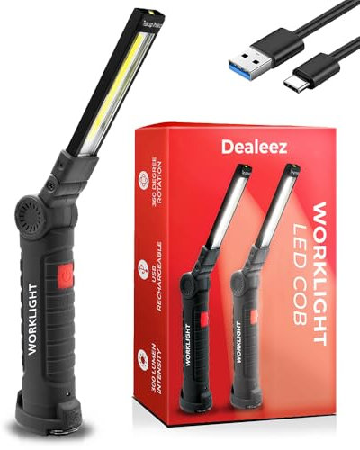 Dealeez Lampe de Travail LED Rechargeable - Lampe Torche & Baladeuse Aimantée 5 Modes d'Éclairage Lumière Blanche & Rouge pour Atelier, Mécanicien, Chantier