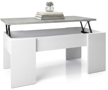 duehome | Mesa de Centro Elevable, Mesita de Salón o Comedor, Modelo Vita, Acabado en Color Blanco Artik y Cemento, Medidas: 100 cm (Largo) x 50 cm (Ancho) x 45-53 cm (Alto)