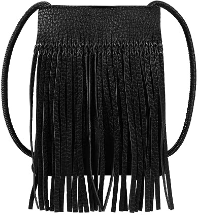 Mini sac à bandoulière à franges en daim synthétique pour femme, noir uni, Taille unique