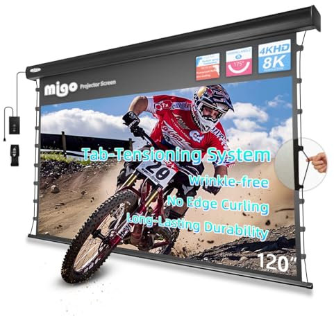 MIGO 120 Inch Motorized Projector Screen Pull Down,2.0 Gain Partial Ambient Light 4K HD TabTension Electric Projector Screen Wall/Ceiling Mount for UST Projector Indoor Home Theater Bar(Black Housing)