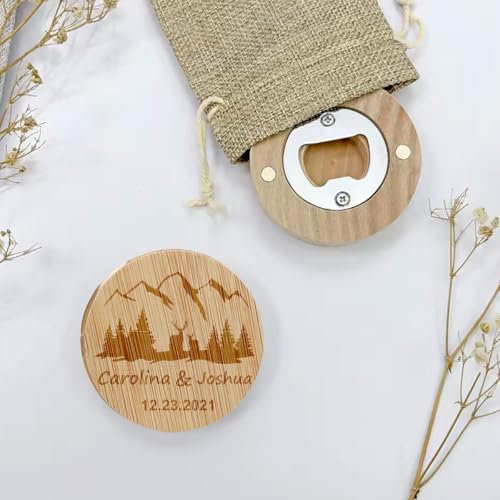 Abrebotellas De Madera Personalizado Con Imán, Abrebotellas Rústico Redondo Grabado Personalizado For Padrinos De Boda, Con Fecha, Nombre Y Ubicación Grabados, For Bodas, Comuniones(50pCS)