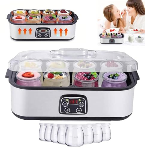 Smart Yoghurt Maker, Multifunctional Yoghurt Maker, Stainless Steel Body with 8 Jars, 1400ml Adjustable Temperature & Time for Making Fresh, Healthy Homemade Desserts