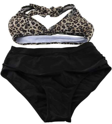 zalati Dambikini med hög midja och meshpanel, leopardmönster och halterneck, tvådelat set med konservativ stil
