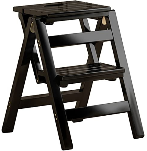 GXXINGIN Tragbarer, klappbarer Tritthocker aus Holz, mehrschichtige Bibliotheksleiter, vielseitiger Büro- und Esszimmerstuhl, Gartenpflanzgefäß, Schwarz, Größe: 50 x 50 x 38,5 cm