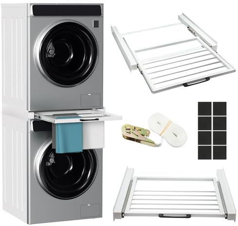 Jaxguom Cadre intermédiaire universel pour machine à laver et sèche-linge, kit d'empilage avec porte-serviettes, peu encombrant, capacité de charge jusqu'à 100 kg, avec coussinets antidérapants pour