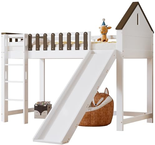 Azkoeesy Lit superposé pour enfant, mezzanine, avec design de toit, toboggan et échelle de sécurité, protection anti-chute, 90 x 200 cm, en pin MDF (blanc + noyer)