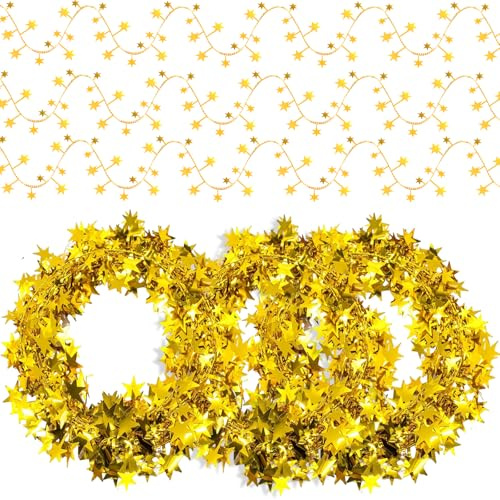 Folien Sternen Girlande Gold 3er-Pack – 7,5 m pro Stück, Stern Weihnachten Lametta Girlande Goldener für Weihnachtsbaum-, Silvester- Und Hochzeitsdekorationen