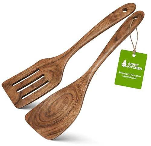 AIUHI 2Pcs Wooden Spatulas, Teak Wood Long Handle Flat Frying Turner, Nonstick Cooking Utensils Spatula for Kitchen