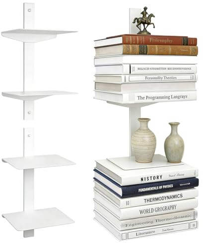 Unsichtbare Bücherregale,4 Stöckiger Vertikaler Bücherturm,Verdeckt Gebohrten Montierten Bücherregalen,Verstecktes Bücherregal aus Metall für das Schlafzimmer, Dekoration im Heimbüro 2er Set (Weiß)