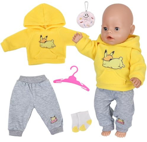 5 Stück Puppenkleidung für 35-43cm Newborn Baby Puppen, Baby Kleidung | Outfit für 14-18 Zoll Puppen mit 1 Gelbes Hosen 1 Jogginghose 1 Kleiderbügel 1 Socken 1 Stofftier für Kinder Mädchen Jungen