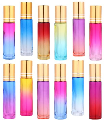 LALADEFIEE Lot de 20 Mini Flacons Roll-On 10 Ml en Verre Transparent Bouchon à Bille Doré Dégradé Bouteilles Vides pour Huiles Essentielles et Parfums Kit Voyage Couleur Aléatoire