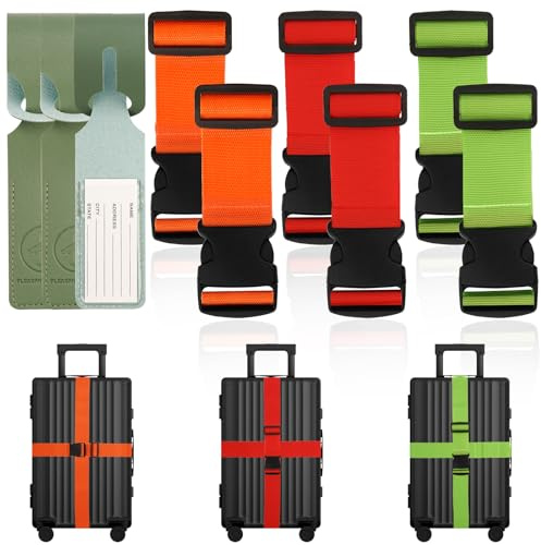 zeyedemo 6 Stück Einstellbare Koffergurte Sicher 200cm Länge kofferbänder Auffällig Mehrfarbige Kofferband mit 3 Gepäckanhänger Strapazierfähiger Luggage Strap für Reisetaschen Verschluss Flugreis