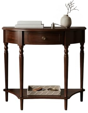 Halvmåne-konsolbord Massivt trä entrébord med lådor och hyllor Moderna accentbord Vintage soffbord för vardagsrum, hall och entréinredning(Dark Walnut,60cm/23.6in)