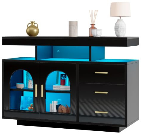 dowowdo Schwarz Hochglanz Sideboard mit APP-RGB LED | Zeitgemäßer Buffetschrank mit Licht, 120 cm Breite | 3 Schubladen, Acrylglas Tür & Ablagefächer | Stauraum-Lösung für Wohnzimmer, Flur