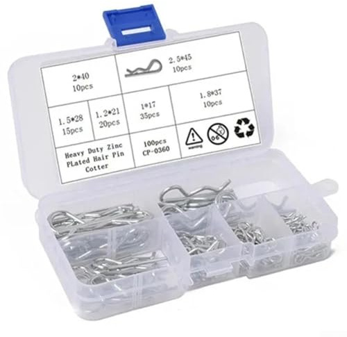 R-Type Cotter Pins, 100 pcs (6 Sizes: –2. mm × 17–45 mm), Galvanized Carbon Steel, Secure Bolt Locking, Reusable Fastening Solution for Automotive & Workshop Use