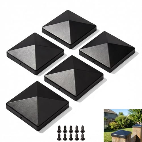 5 Pack 4x4inch Post Caps Black, Universal Fence Post Caps for Wood Posts, Deck Posts, Garden Pillars & Railings, Rustproof Outdoor Post Top Covers with Screws Included