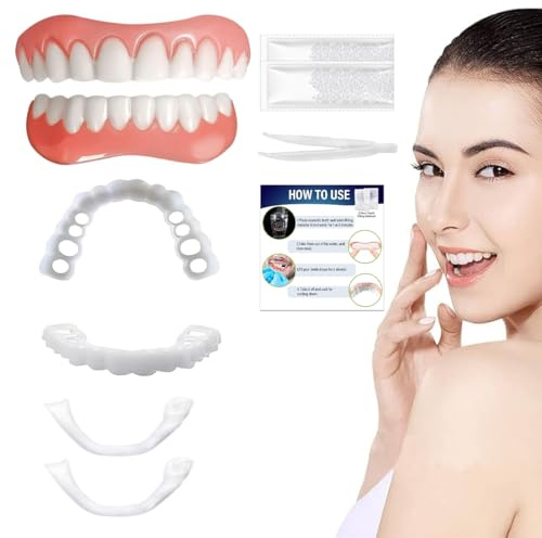 JHAZUN Kit Completo de Dientes Postizos y Dentaduras Temporales, Prótesis Dentales de Silicona con Dientes de Carillas Cosméticas para una Sonrisa Instantánea y Natural, Juego de 4 Unidad