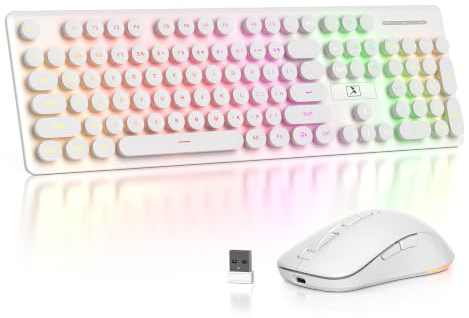 Teclado y mouse inalámbricos rosa retroiluminados, diseño estadounidense de 2.4 GHz, máquina de escribir, recargable, silencioso, teclado inalámbrico para PC/portátil (RF 108 blanco)