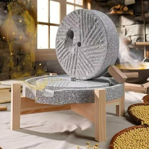 Stone Grain Mill, Hand Crank Grinder for Flour, Wheat, Rice, and Peanuts, Natural Stone with Wooden Stand, Household Kitchen Tool