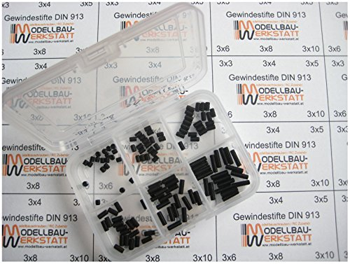 Modellbau-Werkstatt 120 Stück Gewindestifte Set M3 x 3 4 5 6 8 10 mm DIN 913 45H mit Kegelkuppe Wurmschrauben Madenschrauben Stiftschrauben Sortiment