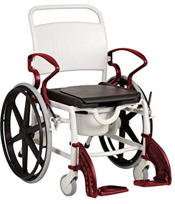 FabaCare Dusch- Toilettenrollstuhl Genf, 24 Zoll Räder, bis 130 kg, made in Germany, Premium Toilettenstuhl, Duschstuhl fahrbar, Rollstuhl mit WC Eimer, Grau-Rubinrot