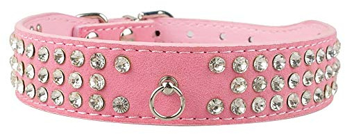 haoyueer Hundehalsband aus Wildleder, 3 Reihen, glitzernd, Strasssteine, Größe L, Pink