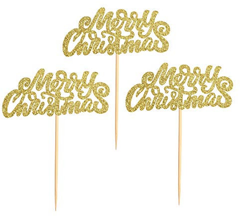36Pcs Gold Glitter Merry Christmas Cupcake Toppers - Cake Toothpick Flags for Holiday Party Decorations and Supplies