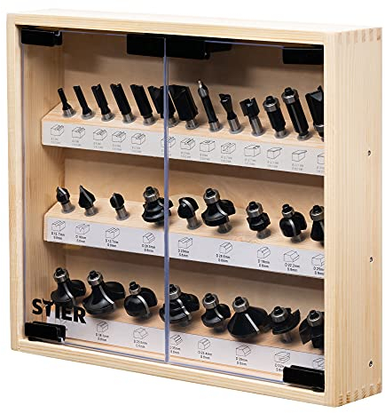 STIER Fräsersortiment in stabiler Vitrine, 30-teilig, 8 mm, Fräser für Oberfräsen, Holzfräser, Fräser Set, Fräserset, vollständiges Set mit Nutfräser Abrundfräser Bündigfräser Fasenfräser