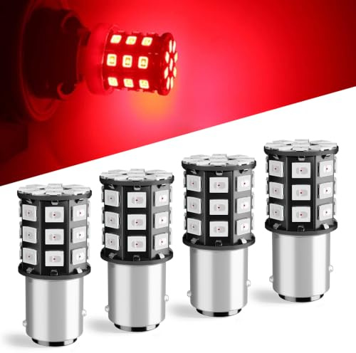 DEFVNSY Bromslampor, 12–24 V DC/AC röd 1157 Bay15d P21/5 W bakbromsljus, 33smd 2835 chip-set 2057 2357 7528 superljus LED-stopp- och bakljusglödlampor (paket med 4)
