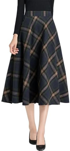 Navy Blue Plaid Skirt for Women Fall Winter A Line Flare Midi Skirt MNM