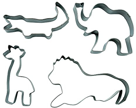 BekkiB 880604-4er Set Tiere - Ausstechformen Löwe, Elefant, Giraffe, Krokodil - Ausstecher aus Edelstahl in Form von exotischen Zoo-Tieren