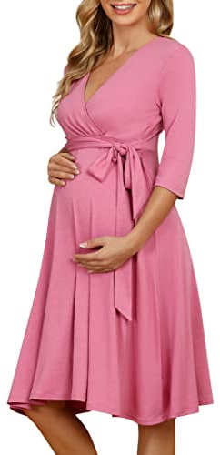 KOJOOIN Damen Umstandskleid Schwangerschafts Kleid für Schwangere Stillkleid V-Ausschnitt Langarm mit Taillengürtel（Verpackung MEHRWEG）