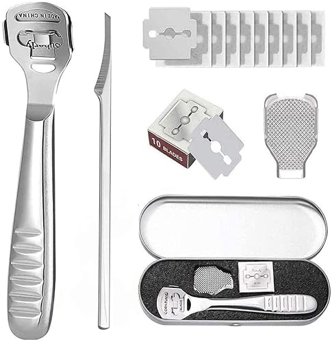 Hornhautentferner Fußschaber – Edelstahl Hornhauthobel Fußfeile Hornhautraspel Harte Haut Hornhaut Entferner Fußraspel Pediküre Fußpflege Werkzeug mit 10 Ersatzklingen für Nasse&Trockene Füße Silber