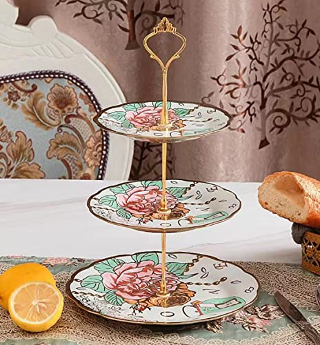 3-Etagen-Keramik Vintage Kuchen Stand mit schönen klassischen Rose Muster, Lebensmittel Rack für die Anzeige von Kuchen-Platte (White Gold Rim)
