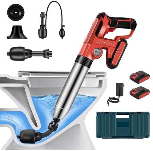 Electric Toilet Plunger with 2 batteries，Drain Clog Remover Tools,High Pressure Air Toilet Plungers Heavy Duty Plunger For Toilet,Bathroom,Floor Drain,Sewer,Pipe，RED