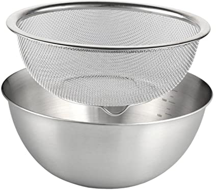 2x Passoire avec Bol Inox,Set Passoire de Cuisine avec Bols à Mélanger Saladier,2 en 1 Panier de Vidange en Mailles Fines,Tamis de Cuisine Filtre pour Égoutter Légumes Fruits Riz Pâtes Salades,24cm