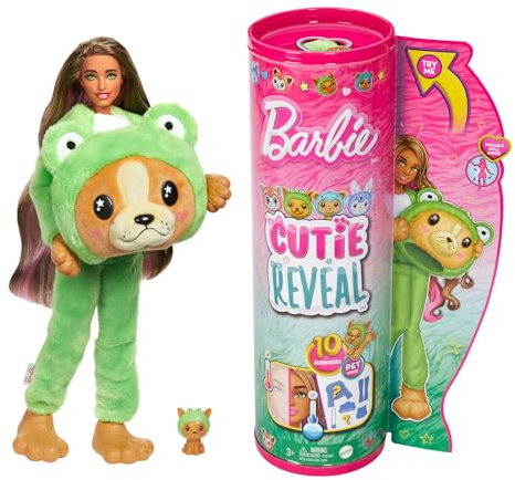 BARBIE Cutie Reveal Puppe - 10 Überraschungen in einer Verpackung, inklusive niedlichem Hund in grünem Frosch-Plüschkostüm, langem braunem Haar mit pinken Strähnen, für Kinder ab 3 Jahren, HRK24