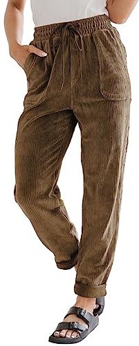 EVALESS Corduroy Pants for Women Petite Casual Drawstring Elastic High Waist Straight Leg Pants Spring 2026 Loose Comfy Trousers with Pockets Brown Small