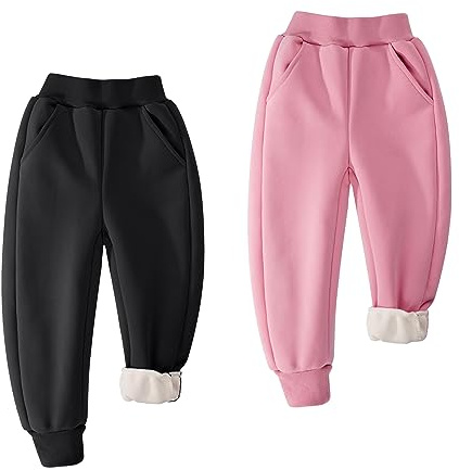 BIG ELEPHANT Fleecefodrade joggingbyxor för pojkar och flickor, sportiga joggingbyxor av mjuk bomull för ungdomar, aktiva basbyxor för barn med fickor, Svart/rosa, 8-9 år