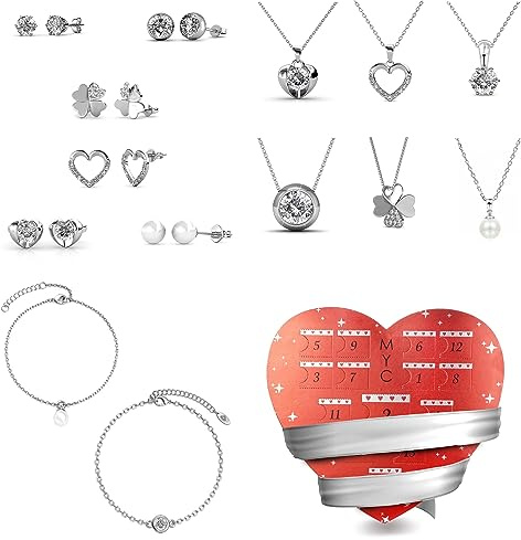 MYC-PARIS - Calendrier de l'avent cœur, 14 bijoux en plaqué rhodium et laiton sertis de cristaux d'Autriche - Cadeau d'anniversaire, Fête des Mères, Noël