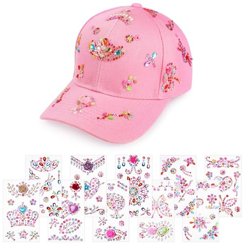 Aomig DIY Baseballkappe, Verstellbar Baseballkappe Bastelset Kinder Mädchen mit 10 Pcs Glitzersteine Selbstklebend, Baseball Cap Sonnenhut Geschenke für Mädchen 4 5 6 7 8 9 10 11 Jahre（Rosa）