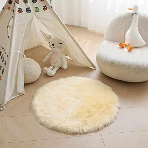 HARESLE Hellgelb Runder Teppich 80cm Kunstfell Teppich für Schlafzimmer | Zotteliger, Hochflor 6 cm, Kunstwildleder, Rutschfeste, für Wohnzimmer, Schlafzimmer, Babyzimmer