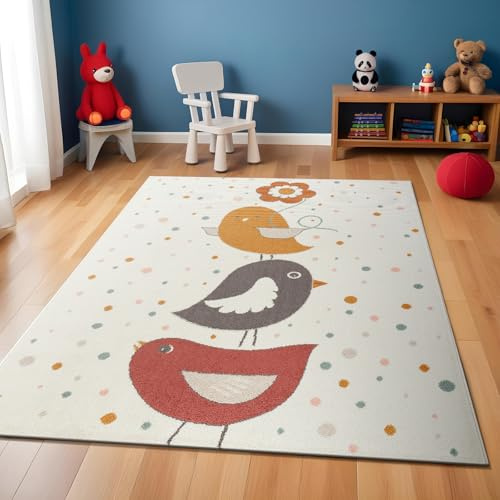 Livabliss Vögel Kinder - Kindere für das Schlafzimmer 160X213 cm, Tierkinder für Mädchen- und Jungenzimmer, Spielzimmer und Kinderzimmere, Baby für Mädchen- oder Jungenzimmer, Elfenbein, Senf, Rosa